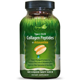 Irwin Naturals Collagen Peptides + Astaxanthin bottle highlighting Type I-III collagen for skin and joints.