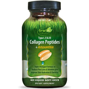 Irwin Naturals Collagen Peptides + Astaxanthin bottle highlighting Type I-III collagen for skin and joints.