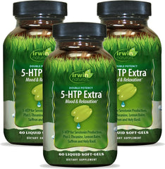 Irwin Naturals Double Potency 5-HTP Extra bottle with 60 soft-gels for daily relaxation.
