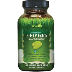 Irwin Naturals Double Potency 5-HTP Extra bottle promotes relaxation during daily use.