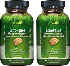 Irwin Naturals EstroPause bottle label signaling gentle menopause support.