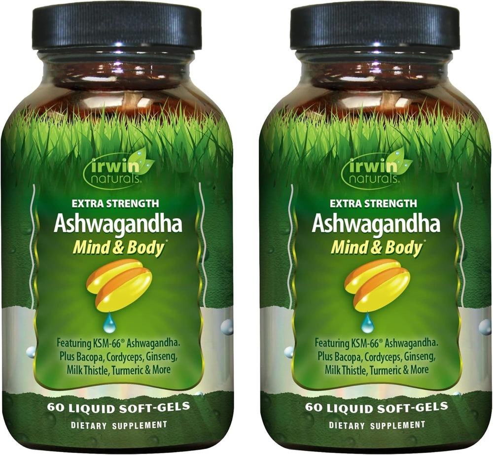 Irwin Naturals Extra Strength Ashwagandha Mind & Body softgels bottle supports daily vitality.