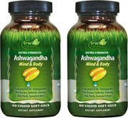 Irwin Naturals Extra Strength Ashwagandha Mind & Body softgels bottle supports daily vitality.