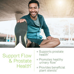 Irwin Naturals Healthy-Flow bottle pouring capsules into a hand for easy dosing.
