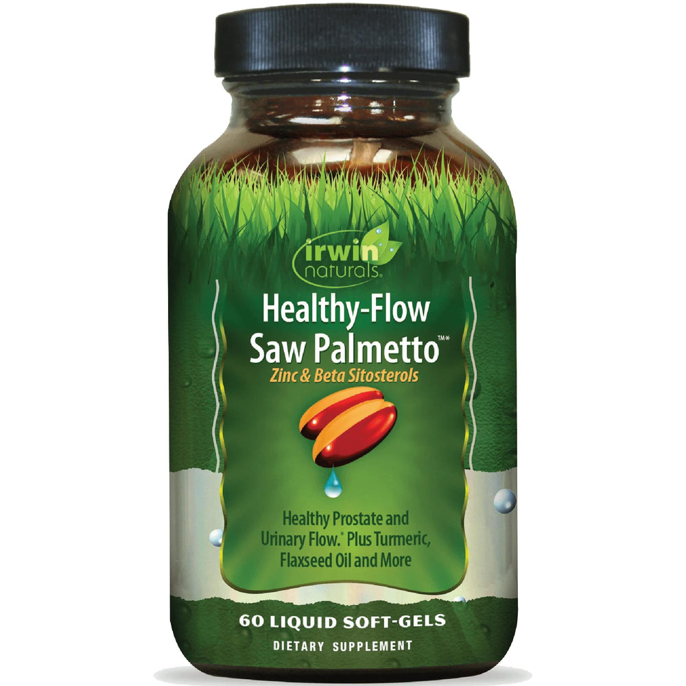 Irwin Naturals Healthy-Flow Saw Palmetto bottle on a shelf, signaling daily urinary support.