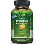 Irwin Naturals high-potency mega D3/K2 turmeric bottle supports daily bone and immune health.