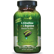 Irwin Naturals L-Citrulline + L-Arginine bottle highlighting nitric oxide support.