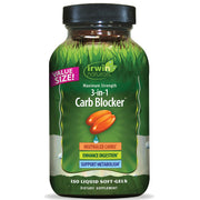 Irwin Naturals maximum-strength 3-in-1 carb blocker bottle with product label for easy reference.