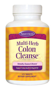 Irwin Naturals Nature's Secret Multi-Herb Colon Cleanse bottle with 275 tablets for daily fiber support.