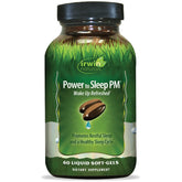 Irwin Naturals Power to Sleep PM bottle on a nightstand promotes nightly relaxation.