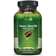Irwin Naturals Power to Sleep PM bottle on a nightstand promotes nightly relaxation.