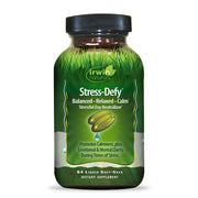 Irwin Naturals Stress-Defy bottle-front promoting calm, balanced mood during busy days.