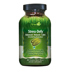 Irwin Naturals Stress-Defy bottle shown for daily mood support.