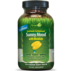 Irwin Naturals Sunny Mood bottle front promotes daily mood support
