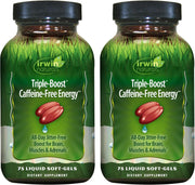Irwin Naturals Triple-Boost bottle pour showing caffeine-free daily energy on demand.