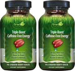 Irwin Naturals Triple Boost Energy bottle for all-day caffeine-free energy.