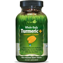 Irwin Naturals Whole-Body Turmeric+ bottle highlights antioxidant support and ease of daily use.