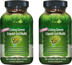 Irwin Naturals Women's Living Green bottle highlighting 70 nutrients for daily wellness.