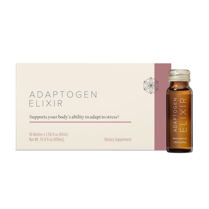 Isagenix Adaptogen Elixir bottle and pour for on-the-go focus.