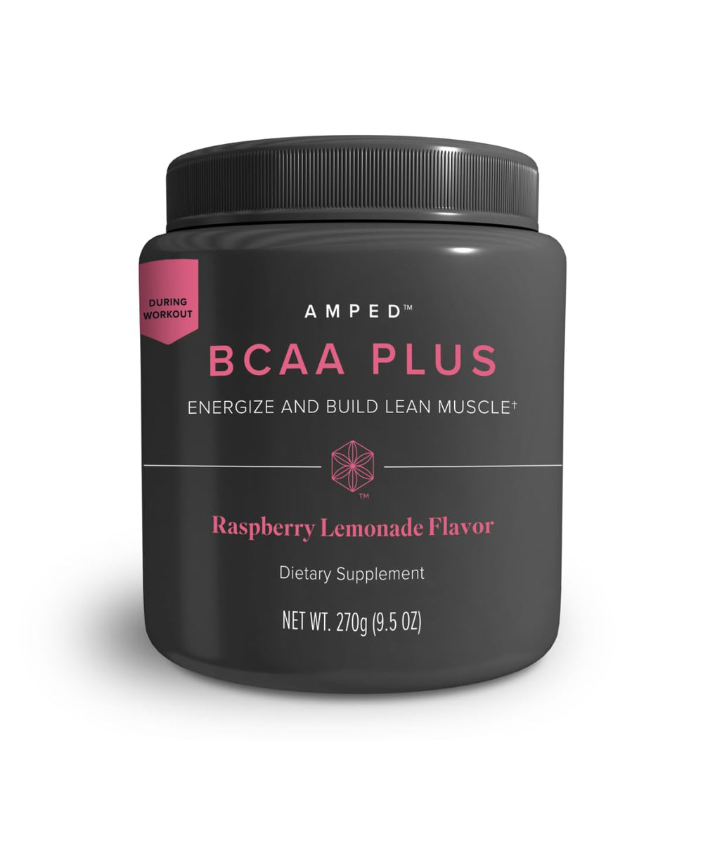 Isagenix AMPED BCAA Plus raspberry lemonade canister front view for intra-workout support