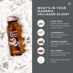 Isagenix Collagen Elixir bottle close-up emphasizes marine peptides and purity for skin vitality.
