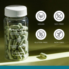 Organic fruits and vegetables backdrop on Isagenix PuraPlant21 packaging highlight whole-food nutrients.