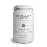 Isagenix Tri-Release Protein canister in chocolate milk flavor, non-GMO and gluten-free.