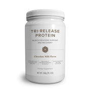 Isagenix Tri-Release Protein canister in chocolate milk flavor, non-GMO and gluten-free.