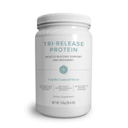Isagenix Tri-Release Protein canister with vanilla custard label supports sustained recovery after workouts.