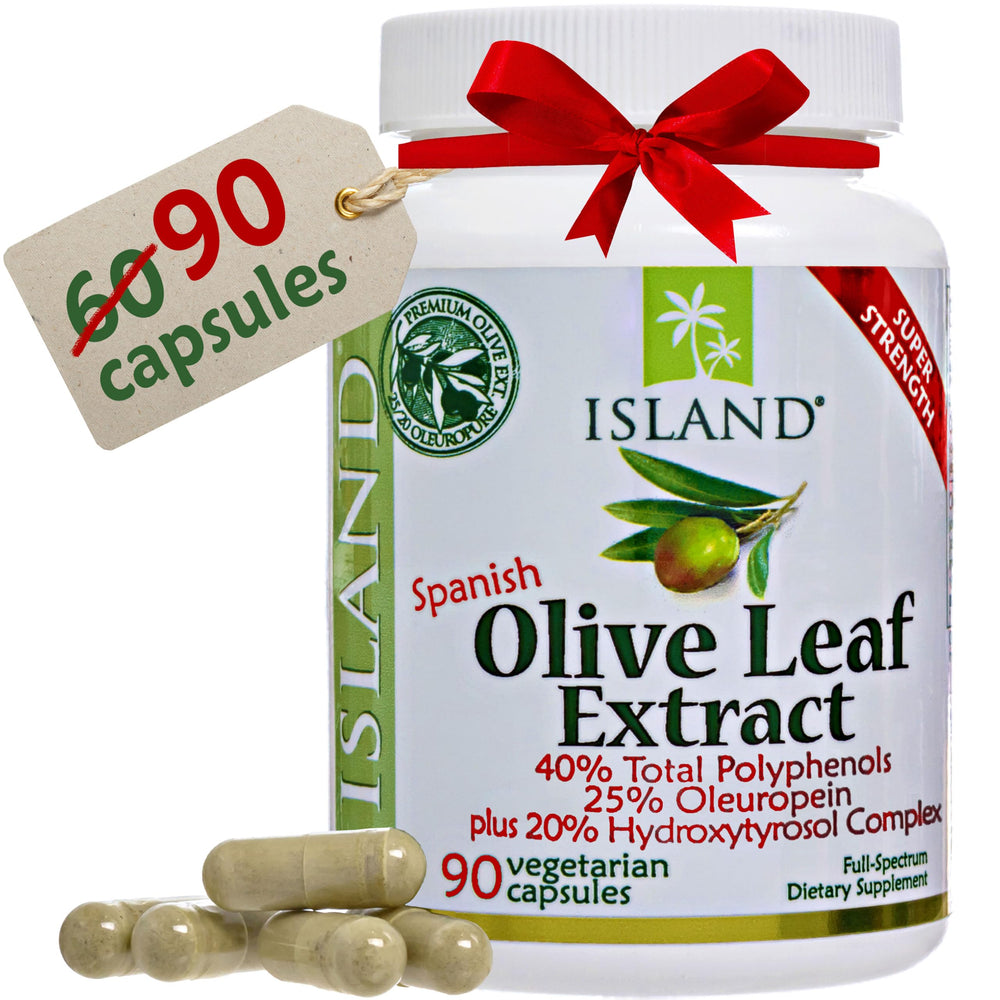 Island Nutrition olive leaf extract bottle shows a 500 mg capsule for daily polyphenol support