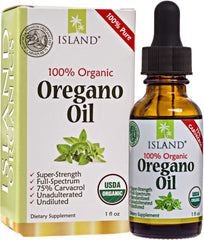 Island Nutrition oregano oil bottle with undiluted oil for versatile immune support.