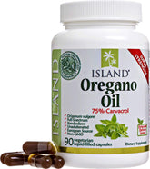 Island Nutrition oregano oil capsules bottle label highlighting organic ingredients for daily wellness