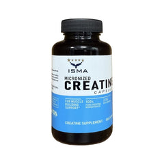 ISMA Creatine Monohydrate capsules beside bottle support daily strength during workouts.