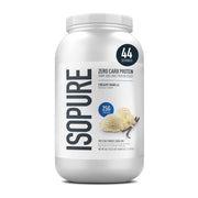 Isopure creamy vanilla tub with powder and label for protein shake