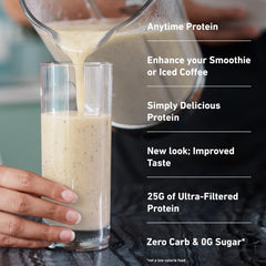Isopure vanilla protein tub close-up showing dosage and texture