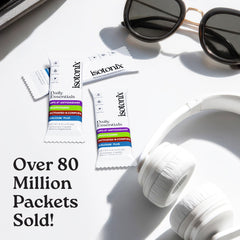 Isotonix Daily Essentials powder packets dissolving in water quickly.