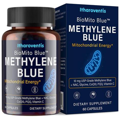 Itharoventis Methylene Blue bottle close-up with a clean formula for daily use