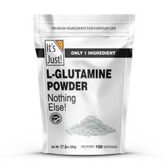 Its Just L-Glutamine bottle pour shows purity for easy daily use.