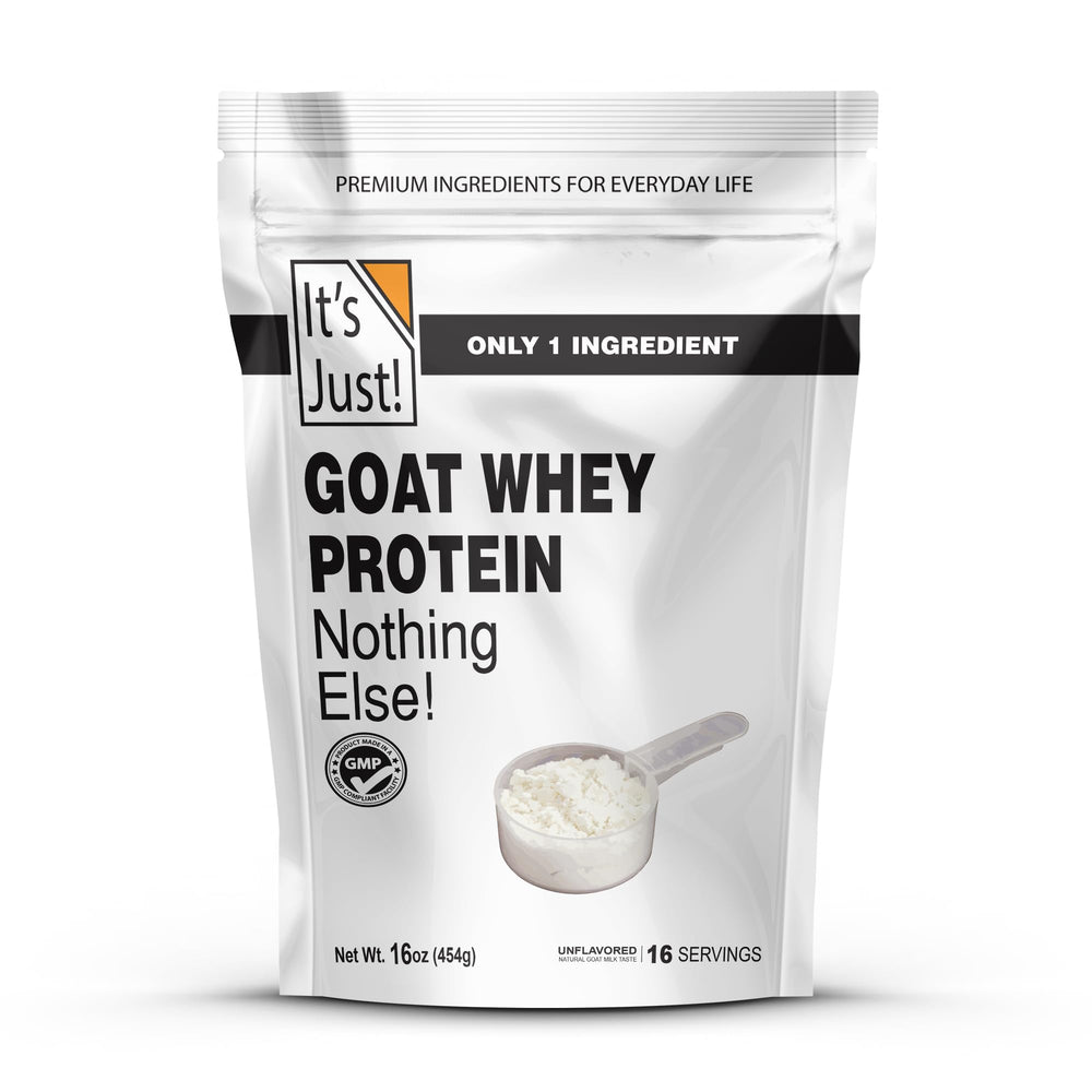 Its Just! Goat Whey Protein bottle, 16 oz, ideal for post-workout shakes.