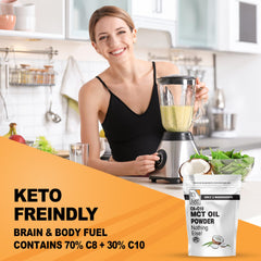 It's Just! MCT Oil Powder scoop in jar highlighting prebiotic fiber for gut support.