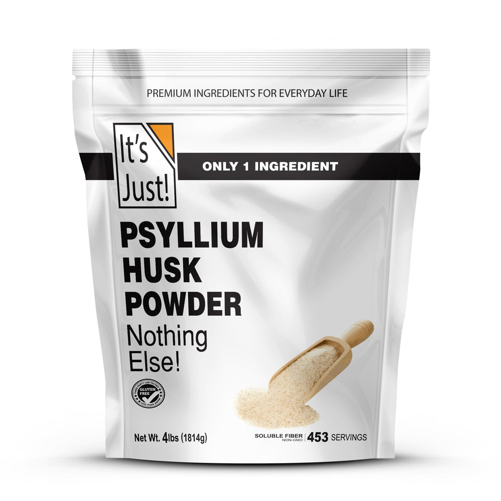 It's Just! Psyllium husk powder bottle pour for easy daily fiber mixing.