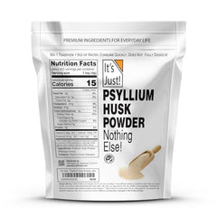 It's Just! Psyllium husk powder fine powder close-up highlights texture for keto baking.