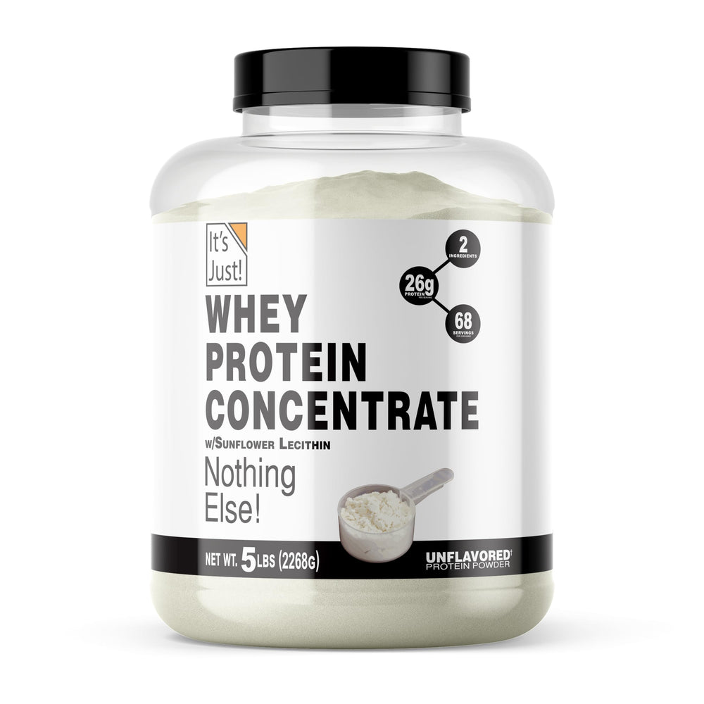 It's Just! whey protein bottle close-up showing pure unflavored formula for daily protein support.
