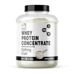 It's Just! whey protein bottle close-up showing pure unflavored formula for daily protein support.