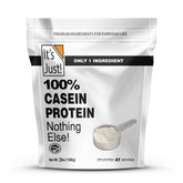 Its Just! Casein unflavored bottle pour showcases steady amino release for nighttime recovery.
