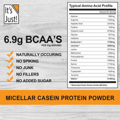 Its Just! Casein unflavored powder closeup shows premium micellar protein quality.