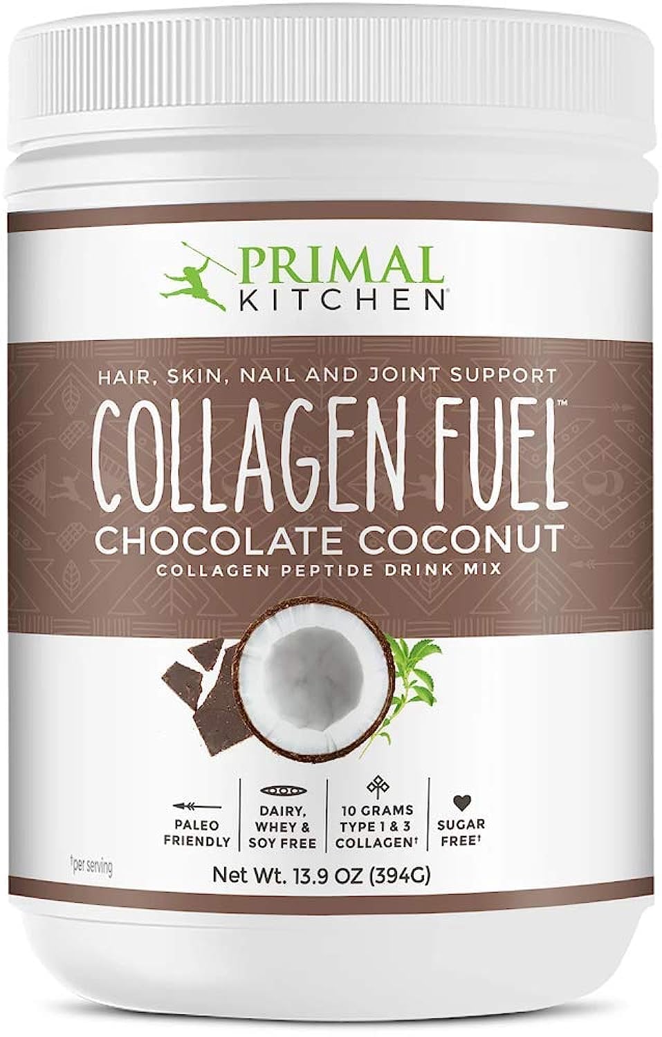 IUSOT Primal Kitchen Collagen Drink Mix bottle, chocolate coconut flavor for daily protein boost