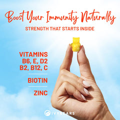 IvyBears fruit-flavored gummies closeup – tasty support with antioxidant-friendly nutrients.