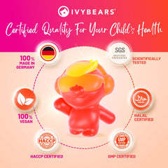 Close-up of IvyBears Superpower Kids gummies with natural berry taste