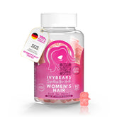 IvyBears Women’s Hair Vitamin Gummies bottle front; vegan formula supports hair shine.